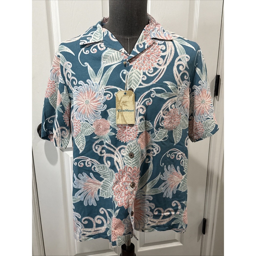 Caribbean Button-up Beach Shirt Men Medium Multicolor Brand New Floral Silk